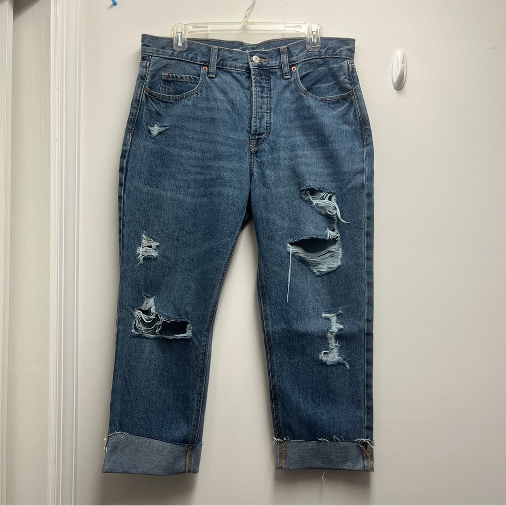 Old Navy Light Blue Slouchy Straight Boyfriend Ripped Cuffed Jeans